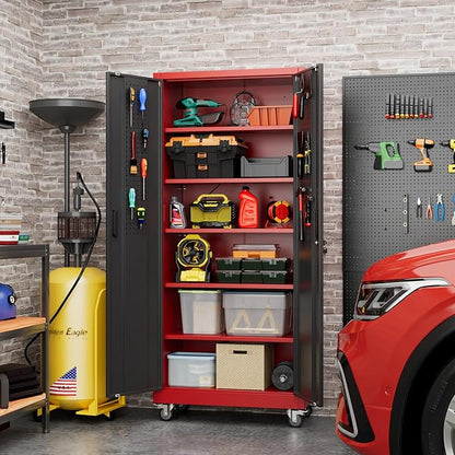 Garage Storage Cabinet with Wheels and Pegboard, 71" H x 32" W x 16" D Lockable Metal Storage Cabinet with 5 Adjustable Shelves and 2 Doors for Garage Home, Assembly Required, Black and Red