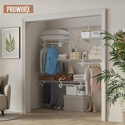 4-6 Ft Closet Organizer System, Adjustable Metal Wire White Closet System, Expandable Walk in Closet Organizers and Storage System, Closet Shelves with Hanging Rods