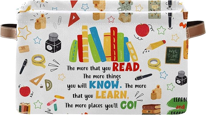 Reading Book Rectangle Storage Basket - Book Themed Collection Collapsible Storage Baskets with Handles - Reading Books Pattern Storages Bin for Kids Clothes, Gifts, Books,Toys
