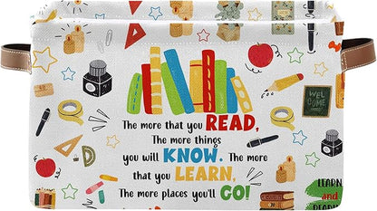Reading Book Rectangle Storage Basket - Book Themed Collection Collapsible Storage Baskets with Handles - Reading Books Pattern Storages Bin for Kids Clothes, Gifts, Books,Toys