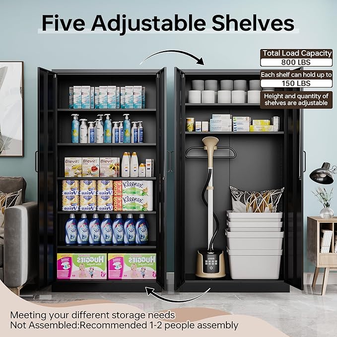 Metal Garage Cabinets, 72" Tall Locking Storage Cabinet with 2 Doors and 5 Adjustable Shelves, Steel Utility Tool Caninet, Black Lockable Outdoor Storage Cabnet for Pantry, Garage, Home Office