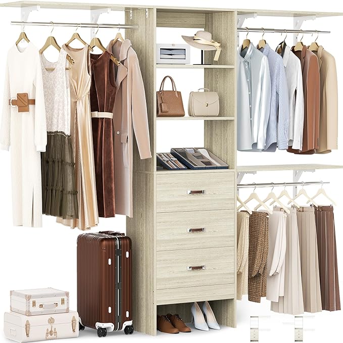 Closet System with 3 Drawers - 8FT Wood Closet Organizer with 3 Shelving Tower & Hanging Rods, 96" Walk-in Wardrobe Closet Organizer System for 4-8FT Spaces, Heavy Duty Garment Clothes Rack, White Oak