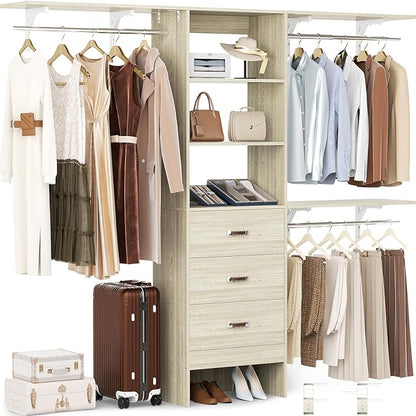 Closet System with 3 Drawers - 8FT Wood Closet Organizer with 3 Shelving Tower & Hanging Rods, 96" Walk-in Wardrobe Closet Organizer System for 4-8FT Spaces, Heavy Duty Garment Clothes Rack, White Oak