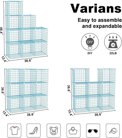 C&AHOME Wire Cube Storage, 9 - Cube Organizer Metal C Grids, Modular Shelves Units, Closet Organizer, Ideal for Home, Office, Living Room, 36.6”L x 12.4”W x 48.4”H, Blue UWCS3009B
