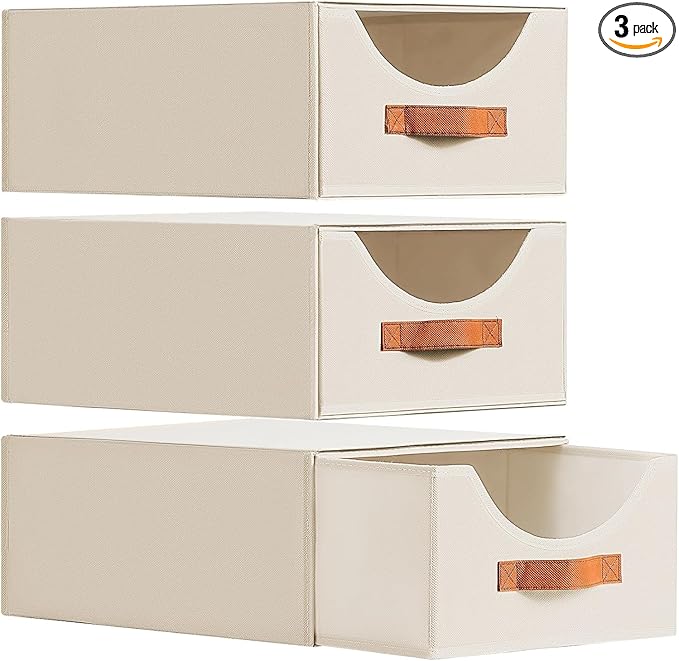 Large Stackable Storage Bins - Fabric Pull-out Closet Shelf Organizer, Linen Closet Organizers and Storage, Decorative Storage Boxes for Bedroom, Office, Dorm, 3 Pack, Beige