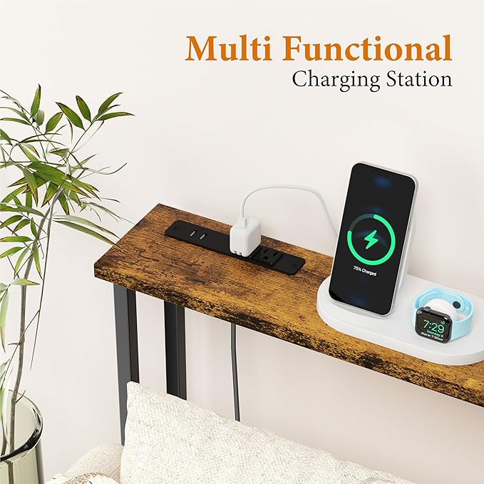 GRLEAF 39" Narrow Console Sofa Table with Built-in Power Strip (2 AC Outlets & 2 USB Ports) – 4.9ft Power Cord, Metal Frame, Easy Assembly, Ideal for Behind Couch, Hallway, and Office | Rustic Brown