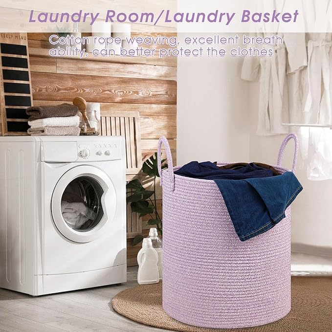 Girl Laundry Basket,Laundry Hamper,15''x18'' Cotton Rope Storage Basket for organizing,Tall Woven Blanket Basket for Living Room,Nursery Hamper,Baby Toy Laundry Bin (Light purple)