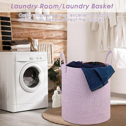 Girl Laundry Basket,Laundry Hamper,15''x18'' Cotton Rope Storage Basket for organizing,Tall Woven Blanket Basket for Living Room,Nursery Hamper,Baby Toy Laundry Bin (Light purple)