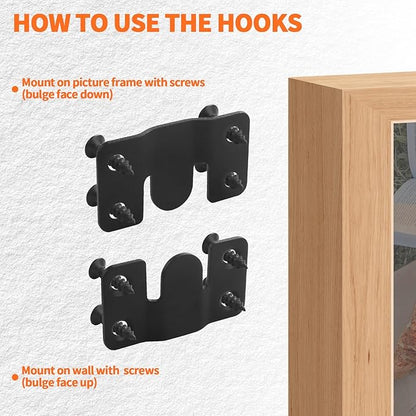 Stainless Steel Flush Mount Bracket, Interlocking Heavy Duty Photo Frame Hook, Interlocking Furniture Connector for Hanging Headboards Large Picture Display Wall Mount Hardware (Black, 4 Pairs)