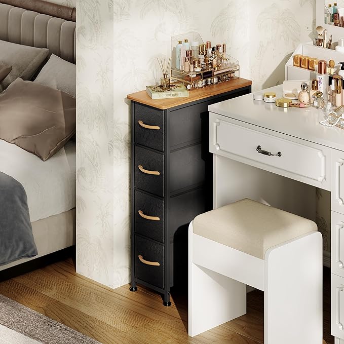 Narrow Dresser Storage Tower with 4 Drawers, Slim Dresser Chest of Drawers with Steel Frame, Wood Top, Dresser for Bedroom, Bathroom, Small Spaces, Laundry, Closet (Black)