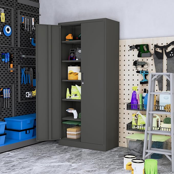 Metal Storage Cabinet, 71”H Metal Garage Cabinet with 5 Adjustable Shelves, Locking Storage Cabinets for Garage, Home, Office, Pantry(Black)