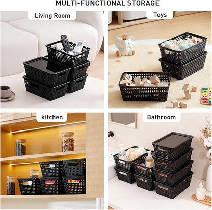 Plastic Storage Baskets With Lid, Storage Bins for Organizing, Stackable Decorative Containers for Shelves Drawers Desktop Closet Playroom Classroom Office, 6 Pack-Black