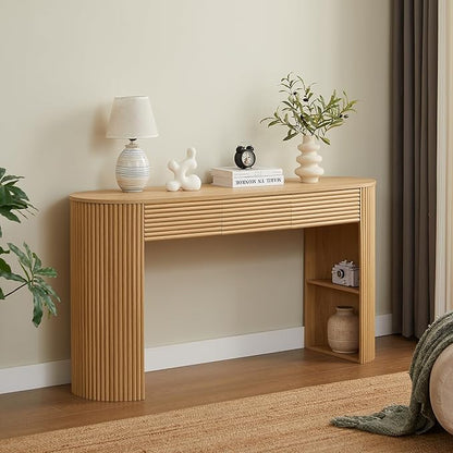 Retro Console Table with Storage, Rounded Console Table with 3 Drawers and 1 Table-Leg Niche, Round Slat Aesthetic for Entryway, Living Room, Hallway (Nature-X306)