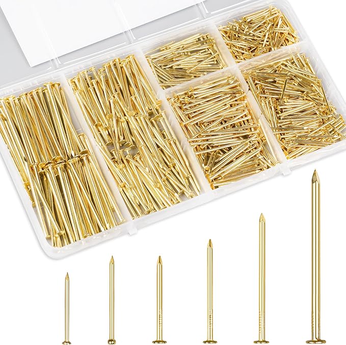 KURUI Gold Picture Hanging Nails Assortment Kit, 700 Pcs Wall Hanging Set for Frame, Art , Photo, 6 Sizes Brass Small Framing Nails for Home Improvement and Wall Decor