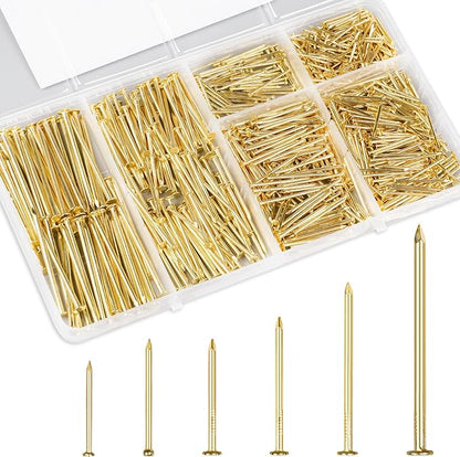 KURUI Gold Picture Hanging Nails Assortment Kit, 700 Pcs Wall Hanging Set for Frame, Art , Photo, 6 Sizes Brass Small Framing Nails for Home Improvement and Wall Decor