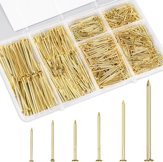 KURUI Gold Picture Hanging Nails Assortment Kit, 700 Pcs Wall Hanging Set for Frame, Art , Photo, 6 Sizes Brass Small Framing Nails for Home Improvement and Wall Decor