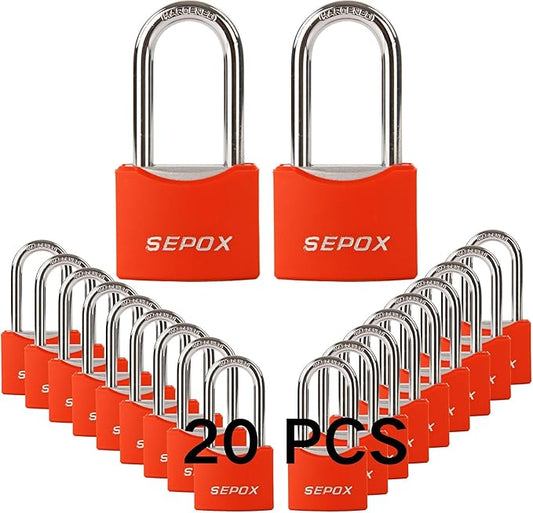 SEPOX® 20Pcs All-Weather Outdoor Padlocks Key Alike, 1-5/8" Long Shackle, Solid Steel Lock, Heavy-Duty with Red Cover, Compact Design for Gate Fence Cabinet Toolbox School Gym Locker w/ 20pcs Same Key