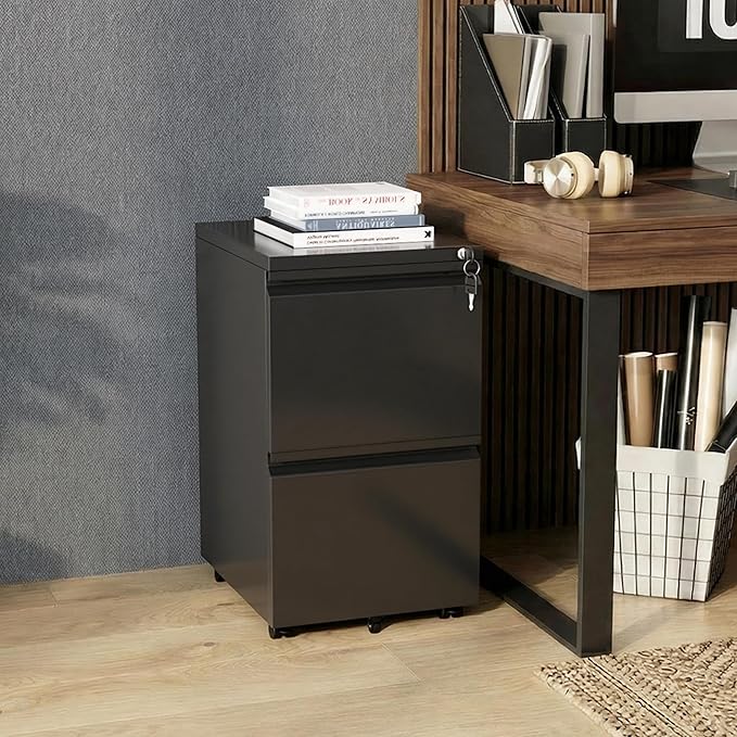 Bonusall 2-Drawer Metal File Cabinet with Lock - Mobile Filing Cabinet for Letter/A4 Size, Under Desk Office Storage Organizer with Wheels, Easy Assembly, High Capacity, Black