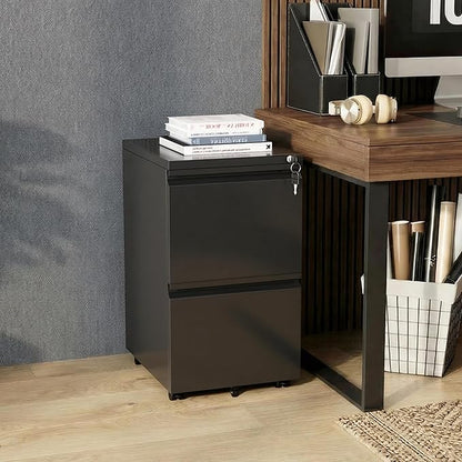 Bonusall 2-Drawer Metal File Cabinet with Lock - Mobile Filing Cabinet for Letter/A4 Size, Under Desk Office Storage Organizer with Wheels, Easy Assembly, High Capacity, Black