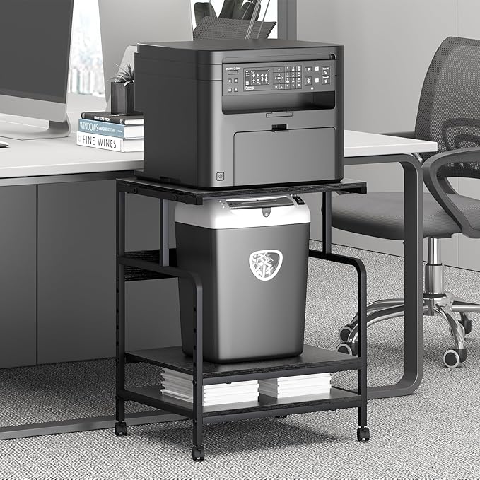 Large Printer Stand with Storage Shelf, 23.6" W x 18.9" D Printer Cart with Wheels, 3 Tier Mobile Printer Table for Home Office,Stands for Heat Press Scanner Fax (Black)