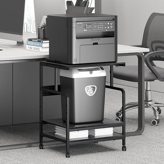 Large Printer Stand with Storage Shelf, 23.6" W x 18.9" D Printer Cart with Wheels, 3 Tier Mobile Printer Table for Home Office,Stands for Heat Press Scanner Fax (Black)