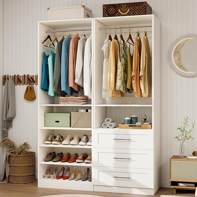 Closet System with Drawers of 2 Sets, 4FT-10FT Walk in Closet Organizers and Storage with Hanging Rods & Adjustable Shelves, Free-Standing Modular Closet Systems, White