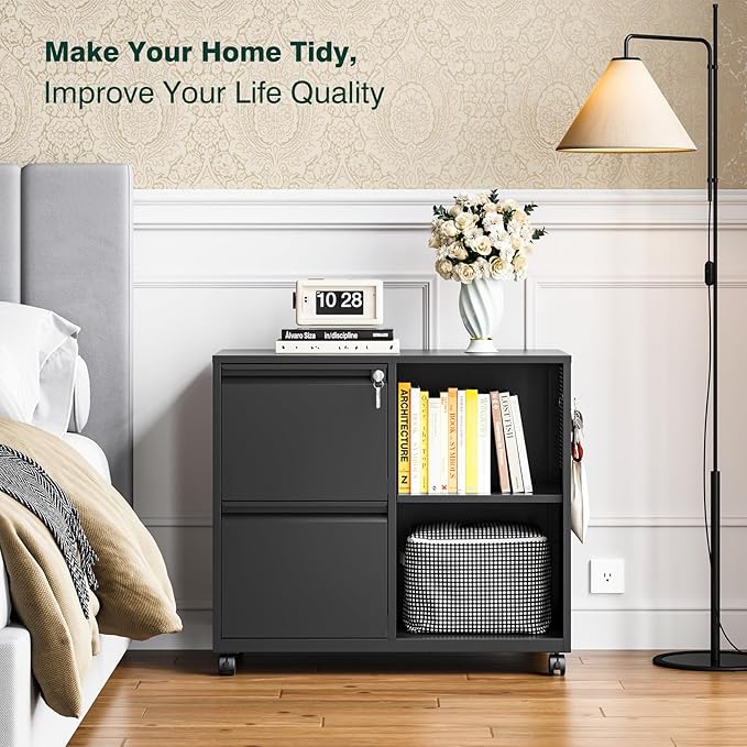 Mobile Lateral File Cabinet with Side Hook, 2 Drawer File Cabinet with Lock fits A4/Letters/Legal Size for Home Office,Metal Rolling Printer Stand with Open Storage Adjustable Shelves(Black)