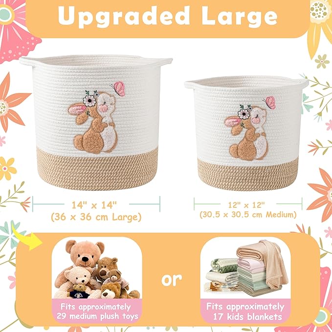 Easter Basket for Kids, Large Easter Egg Baskets Spring Gift Basket for Girls Toddlers, Toy Storage Baskets Woven Cotton Rope Storage Bins Toys Organizer Clothes Hamper for Nursery (Large, Bunny)