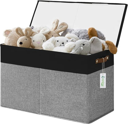 Large Toy Storage Box with Lids, Collapsible Sturdy Baby Storage Organizer Chest Bin Basket for Kids, Boys, Girls, Playroom, Nursery, Bedroom, Closet 25"x13"x16" (Gray and Black)
