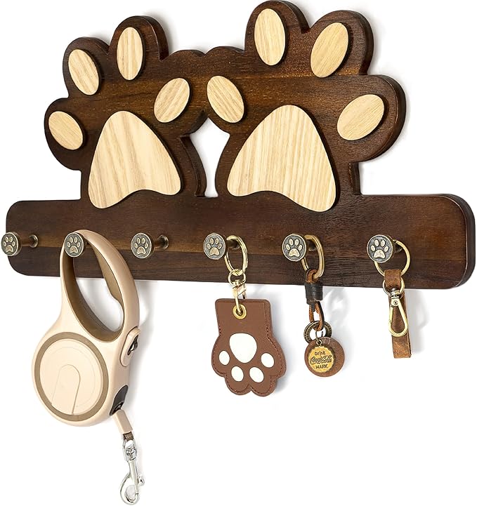 MTERSN Dog Leash Holder for Wall – Fun Dog Paw Key Holder Wall Mount with Floating Shelf and 6 Hooks Unique 3D Pet Claw Hooks - Farmhouse Home Decor for Entryway & Apartment (Dark Acacia)