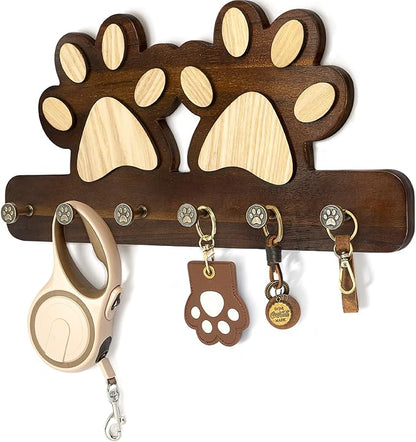 MTERSN Dog Leash Holder for Wall – Fun Dog Paw Key Holder Wall Mount with Floating Shelf and 6 Hooks Unique 3D Pet Claw Hooks - Farmhouse Home Decor for Entryway & Apartment (Dark Acacia)