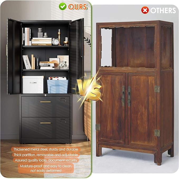 2 Drawer Lateral File Cabinet, Metal Storage Cabinet with Locking Drawers and Adjustable Shelves for Office, Home, School, Fit for A4/Letter/Legal File, Assemble Required