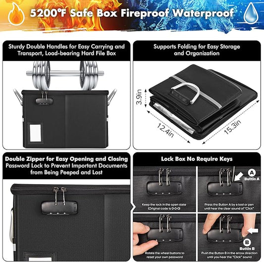 TOMKID 5200°F Fireproof Document Box, Fire Important Document Organizer with Lock, Upgraded Heat Insulated Filing Storage Cabinet Office Organization (5200°F Fireproof Box, Black)