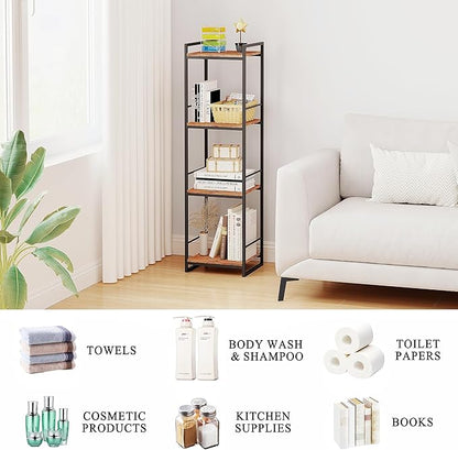 BYFU 4 Tier Bathroom Storage Open Shelf, Freestanding Metal Corner Storage Rack Shelving Unit for Bathroom Kitchen Living Room Hallway, Rustic Brown