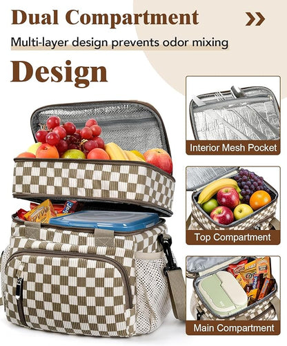 Insulated Lunch Bag for Women, Double Leakproof Lunch Box Soft Cooler Tote with 5 Pockets, 600D Oxford, EVA Lining, Adjustable Strap for Work, Picnic, Beach&Travel- Corduroy Khaki Checkered