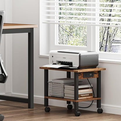 TUTOTAK 2 Tier Printer Stand, Rolling Printer Cart with Power Outlets and USB Ports, Mobile Printer Table with Wheels, for Under Desk, Office, Home,Brown PS01BB001P