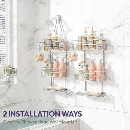SWTYMIKI Bathroom Shower Caddy Hanging - 3 Tier Rustproof Over Shower Head Organizer, No Drilling Bathroom Shelf with 16 Hooks & Soap Holder, Anti-Swing Rack for Shampoo,Sponge,Towel, Silver, Medium