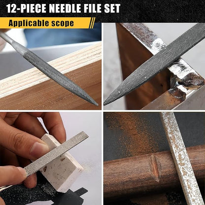 12PCS Needle File Set with Tool Bag, Small File Set Includes 6pcs Jewlers Files & 6 Steel Files for Metal, Jewlers, Wood, Leather and Plastic