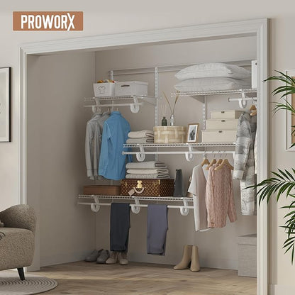 5-8 Ft Closet Organizer System, White Adjustable Custom Metal Wire Shelving Wall Mounted, Expandable Organization and Storage Shelf Kit with Hanging Rods