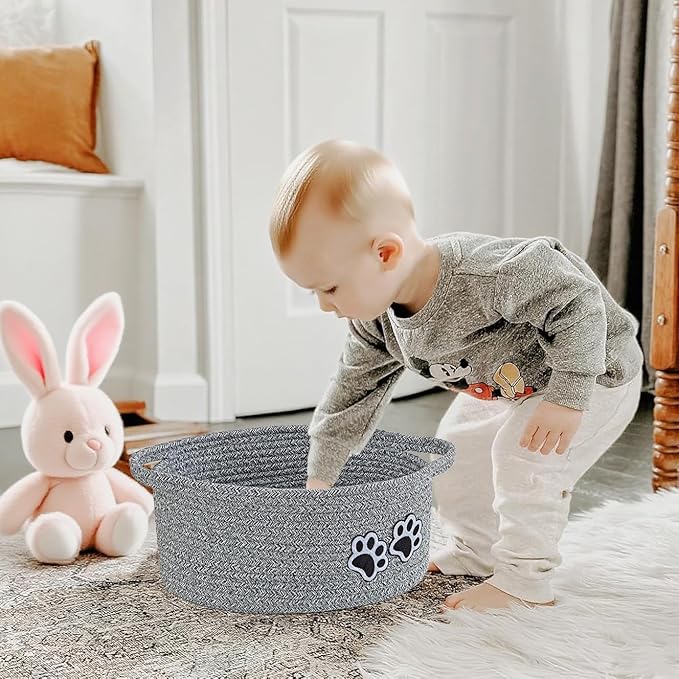 Small Woven Cotton Rope Nursery Organizer Bins, Dog Toy Basket Bins with Handle, Cute Empty Baby Gift Storage Baskets with Paw