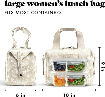 Fit & Fresh Remi Neoprene Lunch Bag For Women - Meal Prep Kit with Containers & XL Ice Pack, Self Insulating Neoprene-like Material, Machine Washable Lunch Bag, Tear & Stain-Resistant, Tan Toile