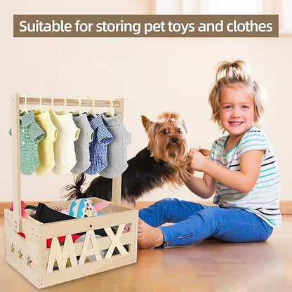 13.5"x9.5"x20.1" Wooden Pet Wardrobe Closet with Hangers, Personalized Alphabet Letters & Sticker, Easy Assembly Crate for Dog/Cat Closet, Dog Closet Organizer for Toys Clothes and Accessories