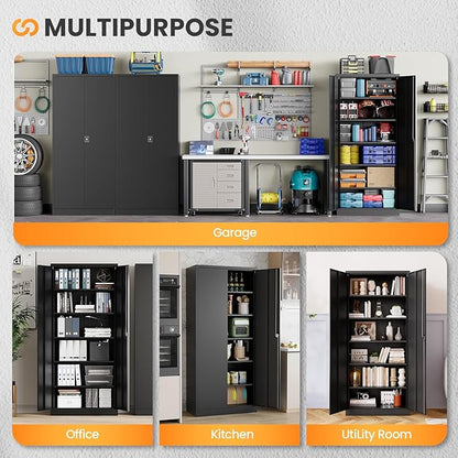 Metal Garage Storage Cabinets with Lock, 71" Tall Tool Cabinet with 2 Door and 5 Adjustable Shelves, Locking Garage Cabinets and Lockable Steel Locker for Home Office Warehouse - (Black-71”H)