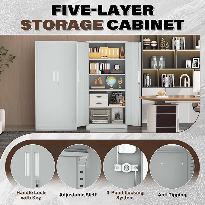 Metal Garage Storage Cabinet, 72” Lockable File Cabinets with 2 Doors and 4 Adjustable Shelves, Steel Tool Cabinets with Lock for Office, Home, Garage, Warm Grey