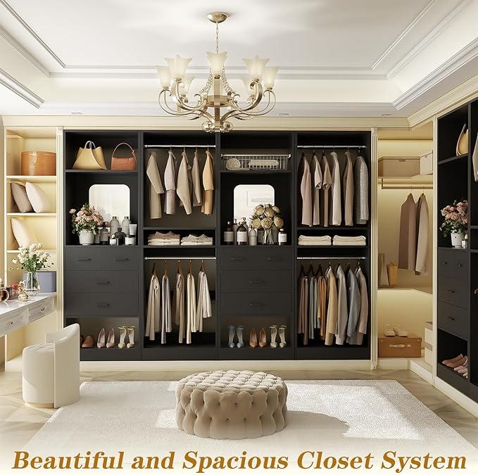 Unikito 100” Closet System with Drawers, 8.3FT Wood Closet Organizer with Hanging Rods and Mirror Design, Reversible Large Walk in Wardrobe Garment Rack with Shelves, Sturdy Closet Tower, Black