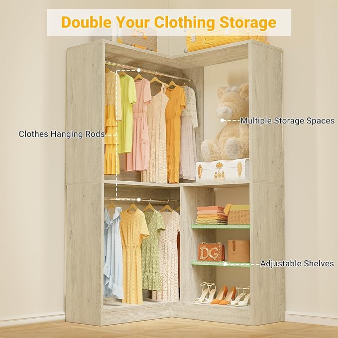 Unikito 36 Inch Corner Closet System, Large Freestanding Closet Organizer System with 2 Hanging Rods and Storage Shelves, Sturdy Walk in Tower, 36" W x 36" D x 80" H, White Oak