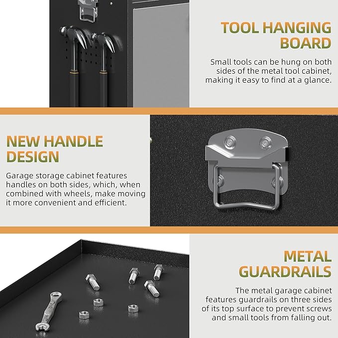 Garage Storage Cabinet with Wheels, Metal Storage Cabinets for Hanging Tools, Rolling Tool Cabinet, 34''H Heavy Duty & Rust Resistant Storage Cabinet for Garage, Warehouse, Office
