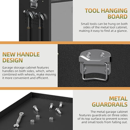 Garage Storage Cabinet with Wheels, Metal Storage Cabinets for Hanging Tools, Rolling Tool Cabinet, 34''H Heavy Duty & Rust Resistant Storage Cabinet for Garage, Warehouse, Office