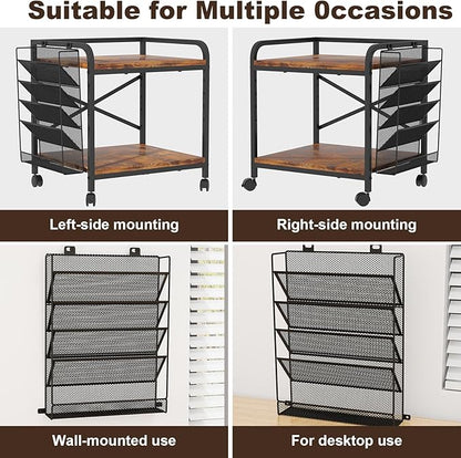 EasyCom Large Printer Stand with File Holder Organizer, Adjustable Height Shelf with Wheels, Rolling Printer Cart with Storage for Printer Scanner Fax Home Office Use Rustic Brown