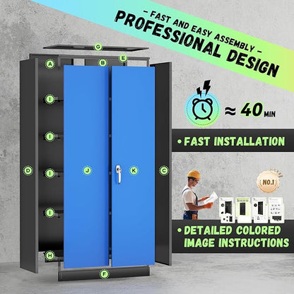 SUNCROWN 72" Metal Storage Cabinet - Heavy-Duty Metal Garage Cabinet with 4 Adjustable Shelves & 2 Doors for Tools, Office, Home, Workshop,Black & Blue